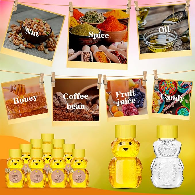 50 Pack Plastic Honey Bear Bottles Jars, 2 oz Honey Bear Cup with Lids Mini Bear Shape Empty Honey Bear Bottle Honey Containers Bulk Jam Juice Candy for Wedding Gifts Baby Shower Favors