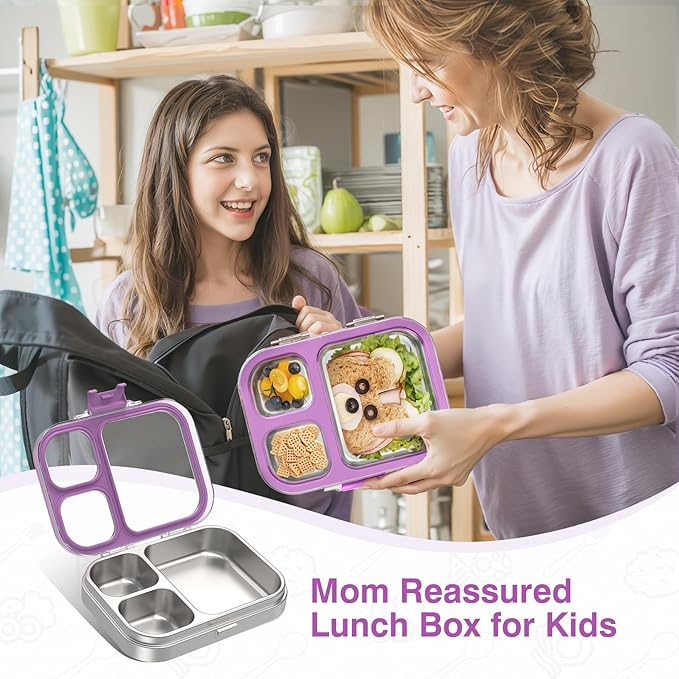 HOMEKOL Stainless Steel Bento Lunch Box, 3-Compartment Leak-Proof Lunch Container for Kids & Adults, BPA/BPS-Free 304 Metal Food Box, Dishwasher Safe, Clear Tritan Lid, Purple (Not Insulated)