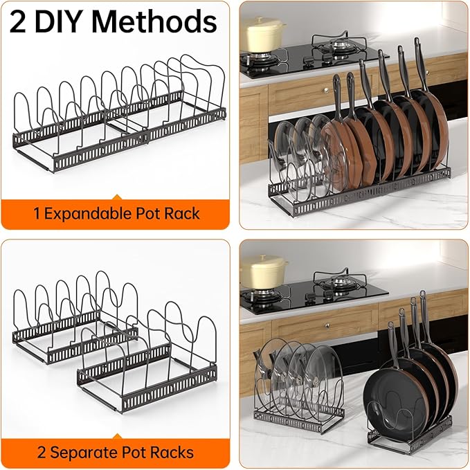 MUDEELA Pots and Pans Organizer Rack for under Cabinet, Expandable Pot Lid Kitchen Cabinet Organizer Holder with 10 Adjustable Compartment Cutting Board Organizer for Pan Lid Cookie Sheet Rack, Bronze