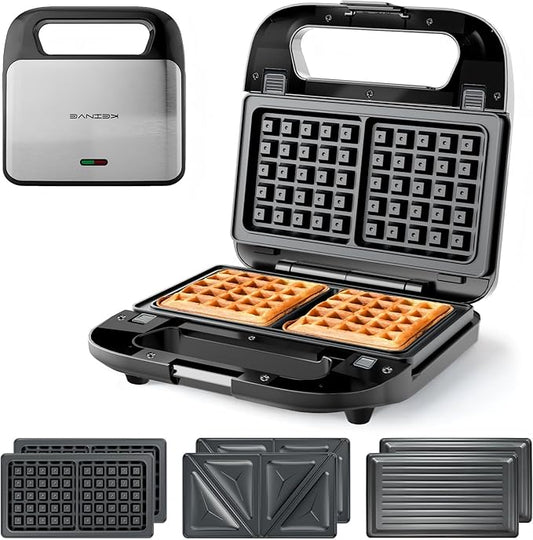 KEINVE 3 in 1 Sandwich Maker & Waffle Maker, Removable Non-Stick Plates, Panini Press, Grilled Cheese Maker, Cool-Touch Handle, LED Light, Easy Clean, 750W, for Home Kitchen Breakfast