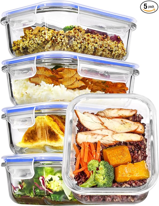 Vtopmart 5Pack 22oz Glass Storage Containers with Lids, Glass Meal Prep Food Container Sets with Snap Airtight Lids for Microwave, Oven, Freezer and Dishwasher, Blue