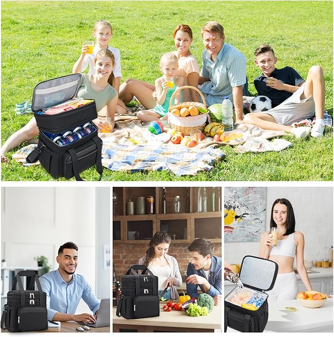 holuxer Insulated Lunch Bag & Lunch Box for Men - Double Deck Reusable Lunch Bag for Women Tote Cooler Bag Leakproof Soft Expandable - Large Lunchbox for Work/Adult/Picnic/Outdoor (Black，15L)