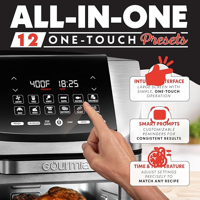 Gourmia Air Fryer - 14 Qt All-in-One Rotisserie Oven with Digital Display, 12 Presets, Roast, Bake, Broil, Dehydrate, Dishwasher Safe Accessories, Stainless Steel