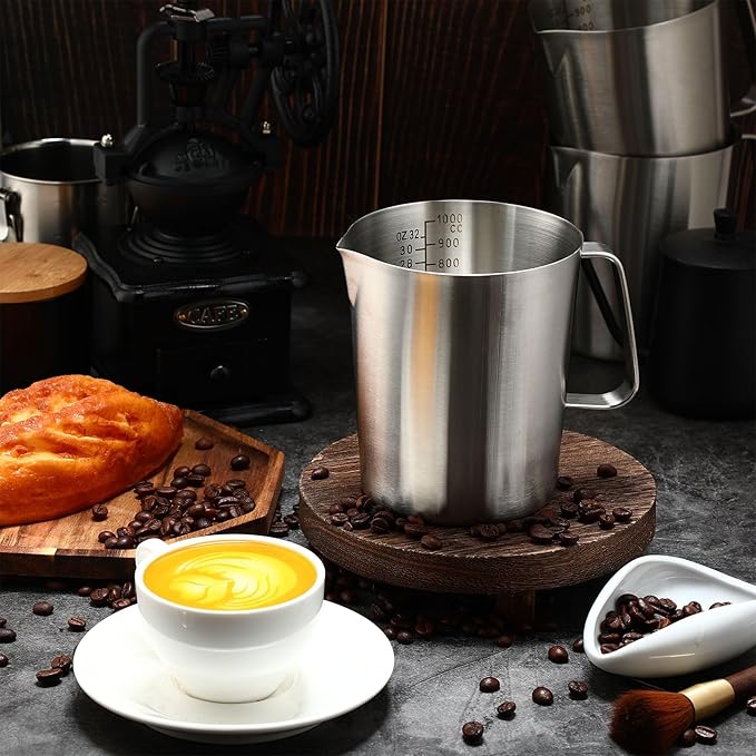 Copkim 4 Pcs Stainless Steel Pitcher with Handle and Pour Lip 33.8 Oz, 1000 Ml, 4 Cup Metal Liquid Measuring Cup Measuring Jug Milk Frothing Pitcher for Milk Latte Art Water Pouring