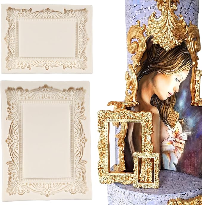 Baroque Photo Frame Fondant Molds Picture Frames Silicone Mold Vintage Mirror Frame Molds for Cake Decoration Cupcake Topper Chocolate Candy Polymer Clay Gum Paste Set of 2