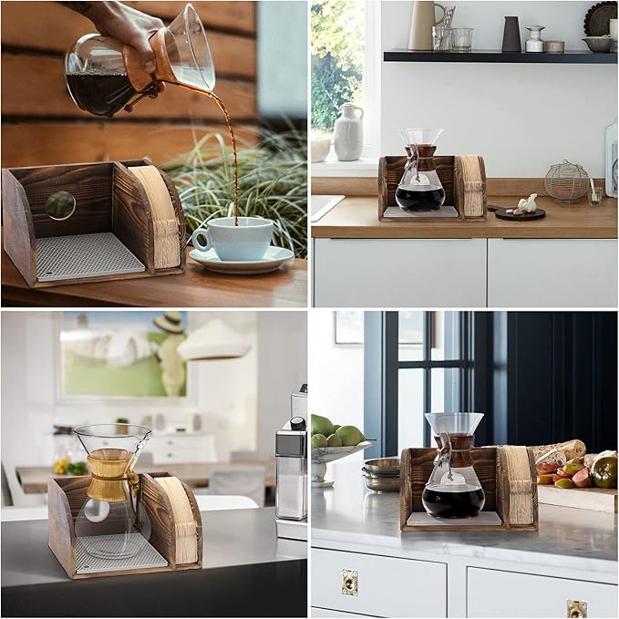 ELLDOO Vintage Wood Coffee Organizer Stand, Compatible with Chemex Coffee Makers, Holds Coffee Maker and Coffee Paper Filters, Fits Collar and Handle Carafes, with Grey Silicone Dripper Mat