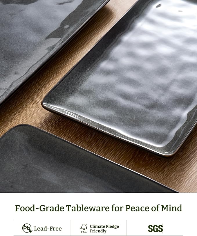 Famiware Serving Platter, Rectangular 15.67/14.1/12.6inch Serving Dishes for Entertaining, Dishwasher Safe, Stoneware Serving Trays for Party, Food, Turkey, Snack, Cheese, Reactive Glaze, Deep Forest