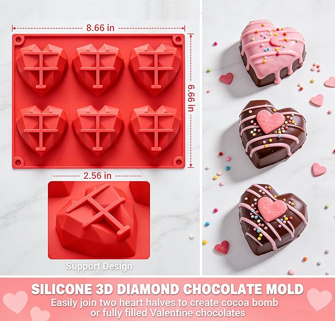 3D Diamond Heart Silicone Molds 2 Pack 12-Cavity Valentine Love Shape for Hot Cocoa Bombs, Chocolate, Cake, Soap, Jelly, Candy, Ice Cube DIY Baking & Party Gift Making