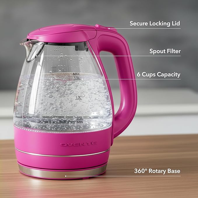 OVENTE Electric Kettle, 1.5L Borosilicate Glass Countertop Water Heater and Boiler for Coffee or Tea, BPA-Free, Auto Shut-Off, Boil-Dry Protection, Removable and Washable Spout Filter, Pink KG83F