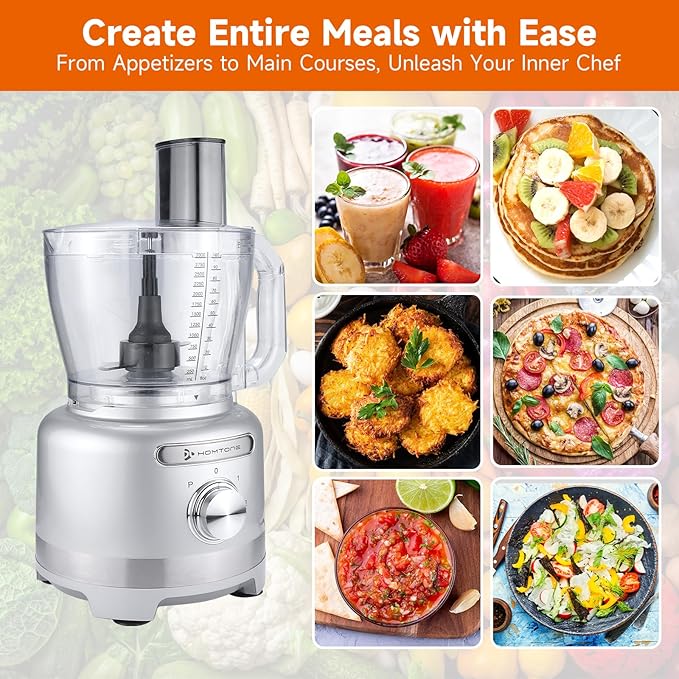 Homtone Large Food Processor 16-Cup 9-IN-1 Food Processing for Home Meal Prep, 3-Speed, 7 Blades for Shredding, Slicing, Chopping, Kneading, Emulsifying, French Fry Disc, Dishwasher Safe, Silver