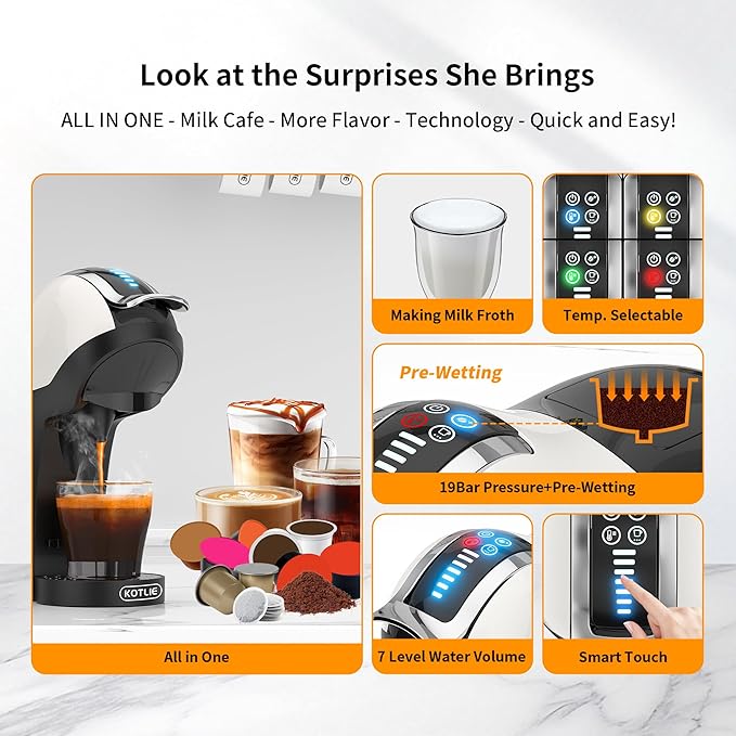 KOTLIE Single Cup Coffee Maker, Multi Capsule Machine Compatible With Various Capsule Types, 4 Temperature Settings, 7 Water Volume Levels,19 Bar(Glossy White)