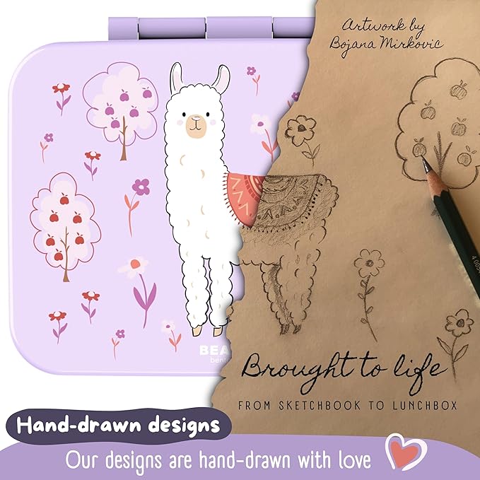 BEARFOOT Bento Box Compact, BPA-Free Children's Lunch Box for School and Nursery, Leak-Proof Lunch Box for Girls and Boys, Practical, Lightweight and Compact (Llama Purple, 4 Cups)