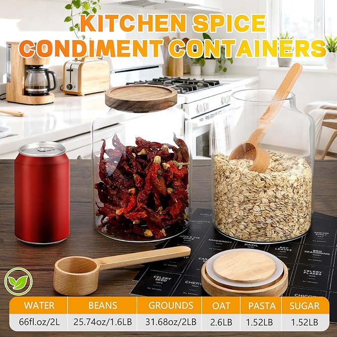 66oz Large Glass Storage Jar with Wooden Lids Spoons Labels Glass Coffee Ground Canister Borosilicate Glass Sugar Flour Container for Cookies Spice Rice Tea(2000ml/67oz-2 pack-with scoop)