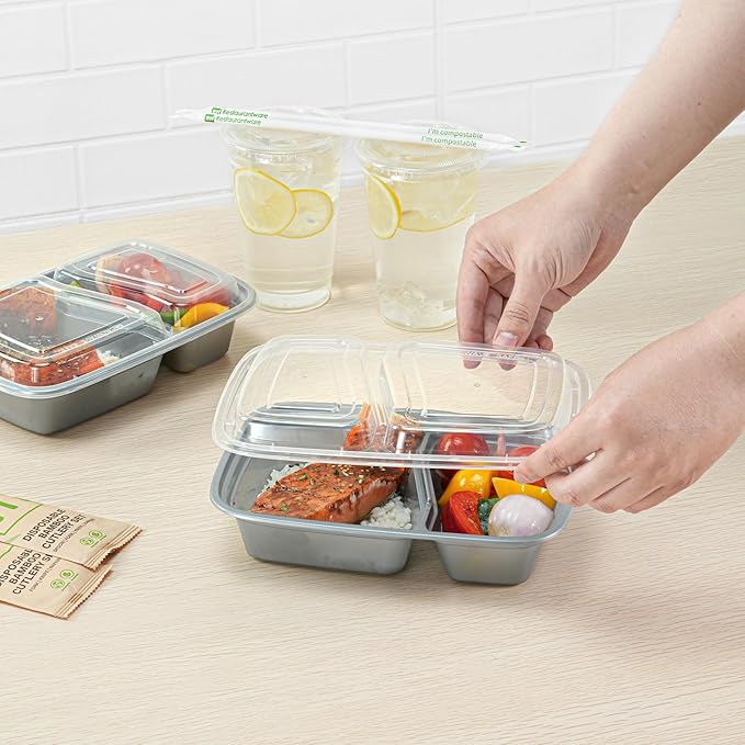 Restaurantware-Asporto 26 Ounce Compartment Take Out Boxes, 100 Microwavable Meal Prep Containers - 2 Compartments, With Clear Plastic Lids, Silver Plastic Food Containers, Do Not Contain BPA