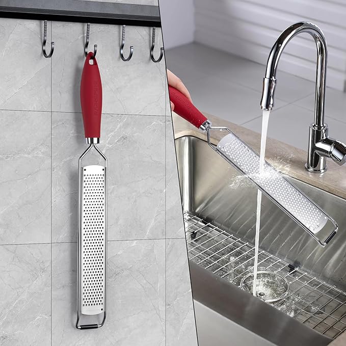 Rainspire Zester Grater with Handle, Lemon Zester Cheese Grater for Kitchen Stainless Steel, Parmesan Cheese Garlic Nutmeg Chocolate Fruits Vegetables Ginger Grater, Fine, Red
