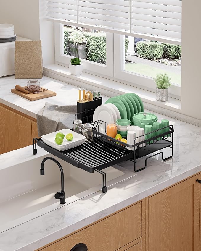 Kitsure Extendable Dish Drying Rack - Adjustable Length 12.8"–21.0", Auto-Draining Dish Rack for Kitchen Counter, Rust-Resistant Metal Frame Over-Sink Support for Plates, Bowls & Utensils, Black