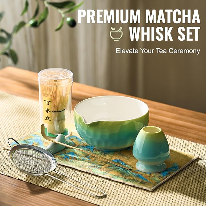 Matcha Whisk Set 7 Pcs, Matcha Kit with Bowl, Whisk and Holder, Bamboo Scoop, Scoop Rest, Sifter & Tea Towel, matcha Tea set Gifts for Matche Lovers Making Latte Breakfast