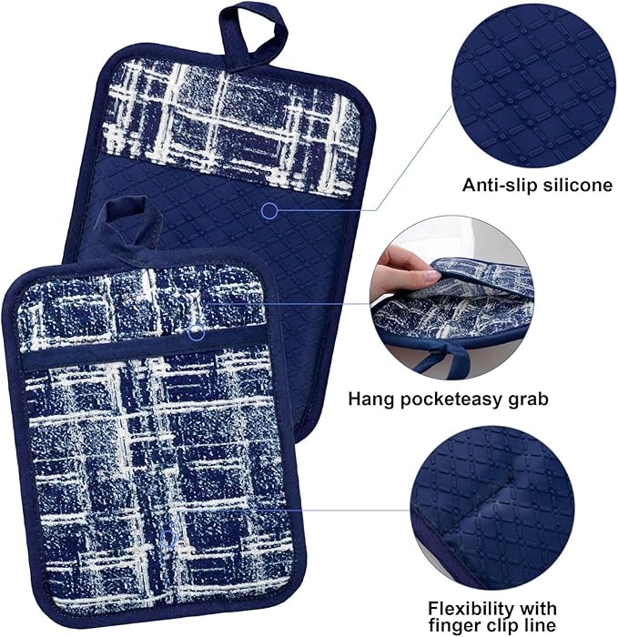 Alselo Oven Mitts and Pot Holders with Cooking Apron,Set of 5 Heat Resistant Kitchen Gloves and Silicone Non-Slip Potholders Adjustable Neck Buckle Chef Apron, Cotton Nice Design for Cooking (Navy)