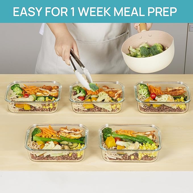 Vtopmart 5 Pack 35oz Glass Food Storage Containers with Lids, Meal Prep Containers, Airtight Reusable Lunch Container Set, Safe for Oven, Microwave, Freezer, and Dishwasher, Multicolour