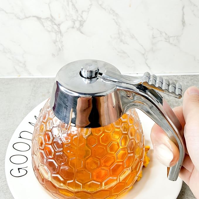 Acrylic Honey Dispenser, Honey Pot with Base, Maple Syrup Honey Container, Anti Drip Honey Jar