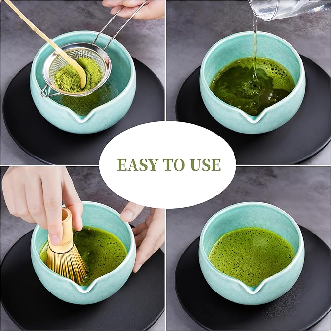 YIBO Matcha Whisk Set, Matcha Kit Bamboo Whisk and Ceramic Bowl with Spout & Measuring Spoon & Cup, Japanese Ceremony Matcha Tea Making Tools Blue