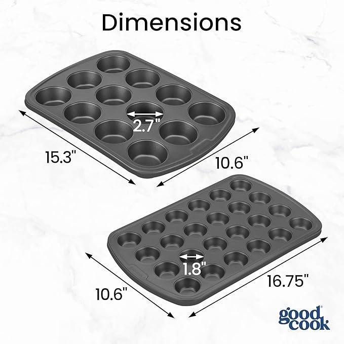 GoodCook Set of 2 Everyday Nonstick Muffin Pans – 12‑Cup Standard and 24‑Cup Mini, Gray