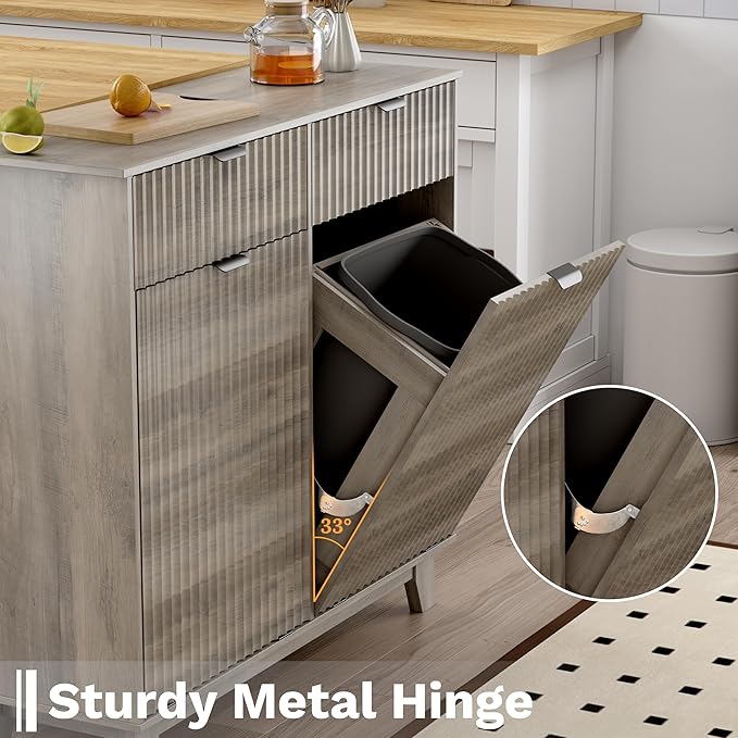 Double Tilt Out Laundry Hamper Cabinet, 20 Gallon Wooden Trash Can Cabinet with Drawers, Hidden Fluted Bathroom Storage Cabinet for Kitchen, Living Room (Wood Grey, 39.34"W x 35.83"H x 13"D)