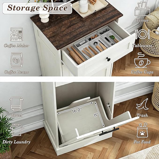 chartustriable Farmhouse Tilt-Out Trash Can Cabinet, 12.5 Gallon Laundry Hamper with Drawers, Wooden Hidden Garbage Can Cabinet w/Storage for Kitchen & Living Room, Antique White