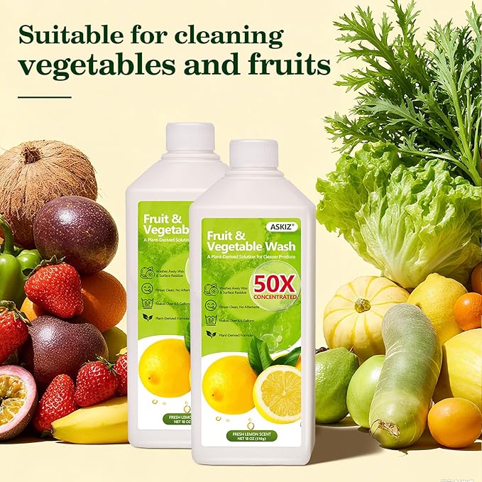 ASKIZ Fruit & Vegetable Wash,13 Gallons Lemon Produce Wash and Clean,Fruit Cleaner Comes With an Improved Nozzle Bottle,Multi Purpose Cleaner Removes Wax, Dirt and Surfaceues