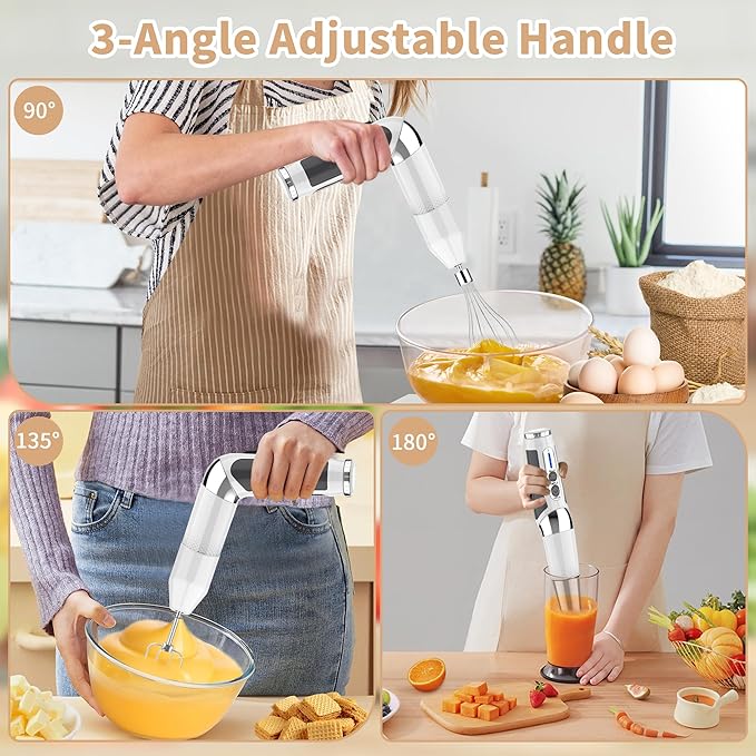 Toogel Cordless Immersion Blender, 3-in-1 Electric Hand Blender with 21-Speed & 3-Angle Adjust, USB Rechargeable, BPA-Free & Dishwasher Safe for Baby Food, Smoothies, Soup (White)