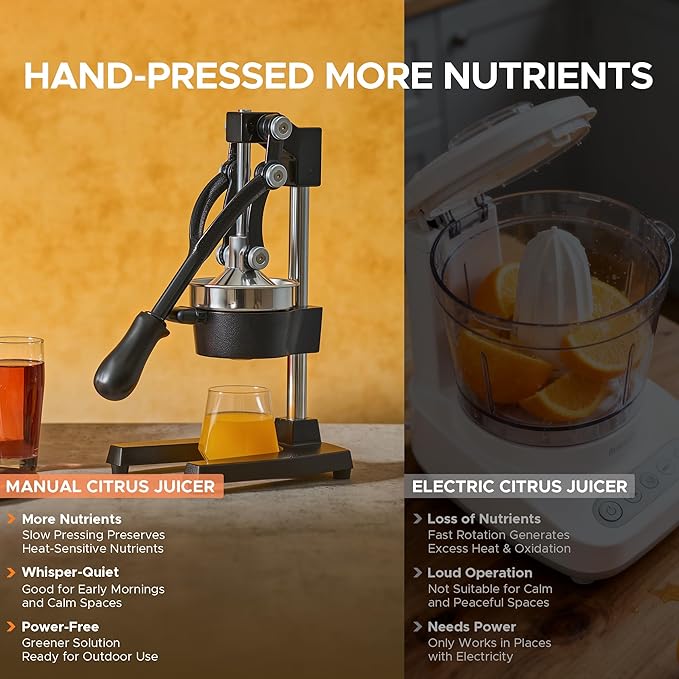 CO-Z Manual Citrus Juicer, Commercial Grade Cast Iron Orange Juicer, Professional Heavy Duty Juice Press with Removable Strainer, Manual Juice Extractor for Orange Lemon Pomegranate Citrus, Black
