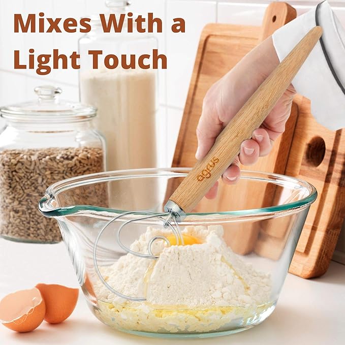 Danish Dough Whisk - Bread Making Tools - Danish Dough Hook - Bread Dough Mixer Hand - Bread Dough Whisk for Pastry - Large Stainless Steel Swedish Whisk with Wooden Handle