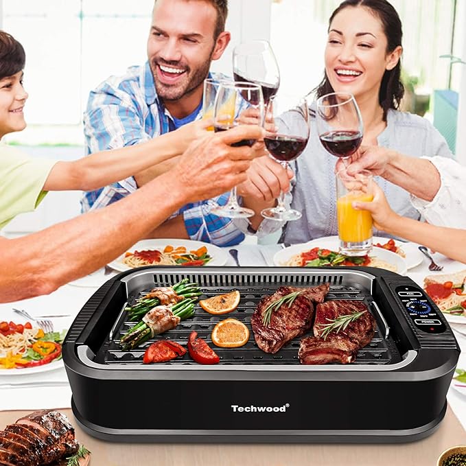 Indoor Grill, Techwood 1500W Smokeless Electric Grill with Tempered Glass Lid, Compact & Portable Non-Stick BBQ Grill with 6-Level Control, Dishwasher Safe, Black