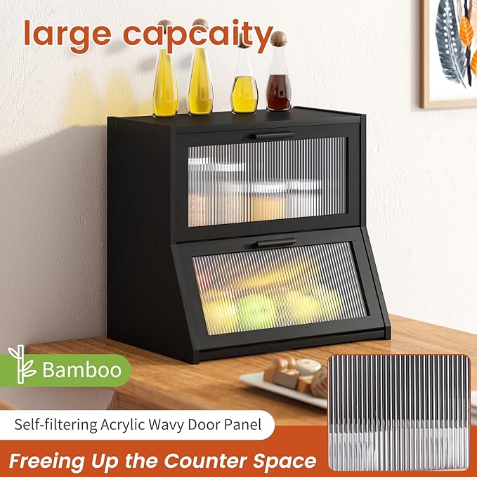 GHWIE Double Layer Bamboo Bread Box for Kitchen Counter,Large Capacity Storage Bin with Acrylic Wavy Door Panel (Black, Extra Large)
