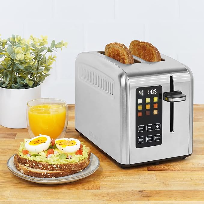 Kalorik Touchscreen Toaster 2-Slice with Extra-Wide Slots, Rapid Toasting Technology with 8 Shade Settings Plus Toaster Pastry Setting Manual Lift Lever and Auto-Shut Off, 1350-Watts, Stainless Steel