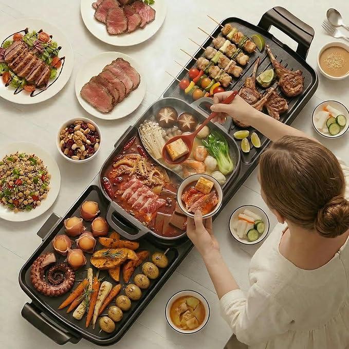 Electric Hot Pot and Grill Combo, Korean BBQ Indoor Smokeless Grill with Nonstick Surface,Large Tabletop Cooker for Family & Party, Includes Cooking Tool Set (Ladle, Strainer, Tongs, Oil Brush)