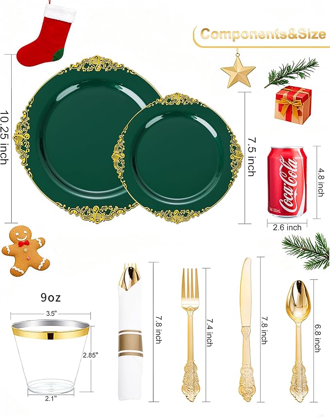 Nervure 350PCS Green Plastic Plates - Green Gold Plastic Dinnerware Sets for 50 Guests - 100 Disposable Plates, 150 Gold Silverware, 50 Cups, 50 Napkins for Wedding & Party & Christmas