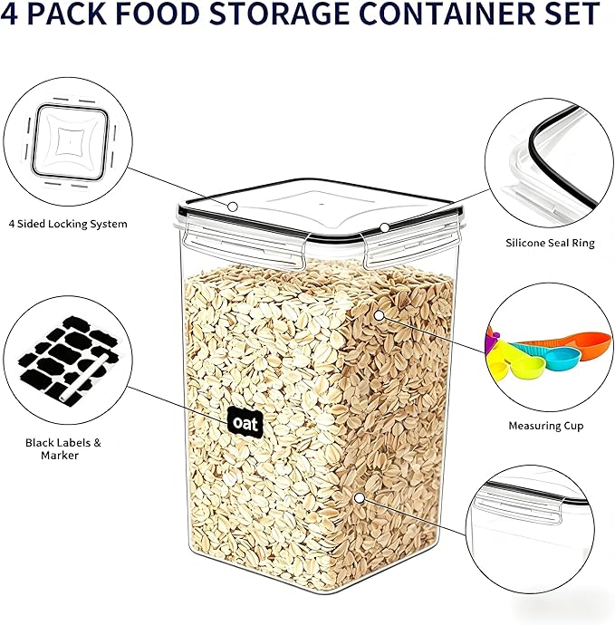 4 Pieces 6.5L / 220 oz Large Food Storage Containers, BPA Free Plastic Airtight Canisters for Flour, Sugar, Baking Supplies, Rice with Lids, Measuring Cups and Labels, Black