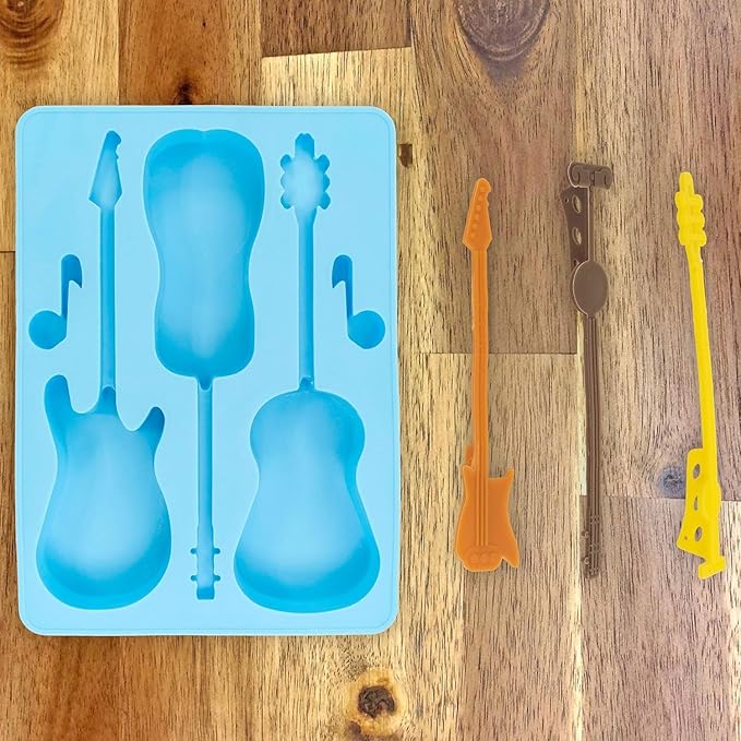 Acoustic and Electric Guitar Ice Cube Tray - Fairly Odd Novelties - Mold w/Stirrers Novelty Music Gift, Blue Guitar w/Stirrers, One Pack