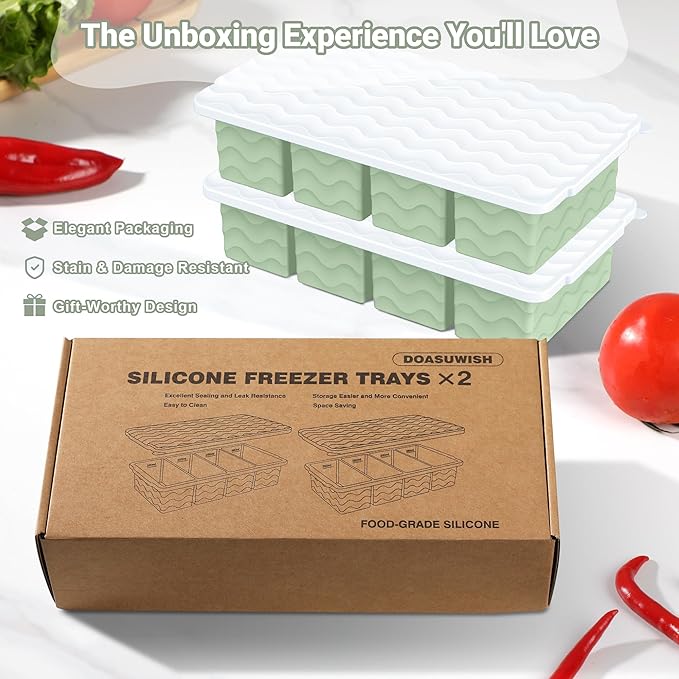 Doasuwish Silicone Freezer Tray for Soup with Lid – 1-Cup Soup Container Cube Style Ice Cube Trays for Freezer, Meal Prep & Food Storage, Freeze 250mL/125mL Portions – 2 Pack