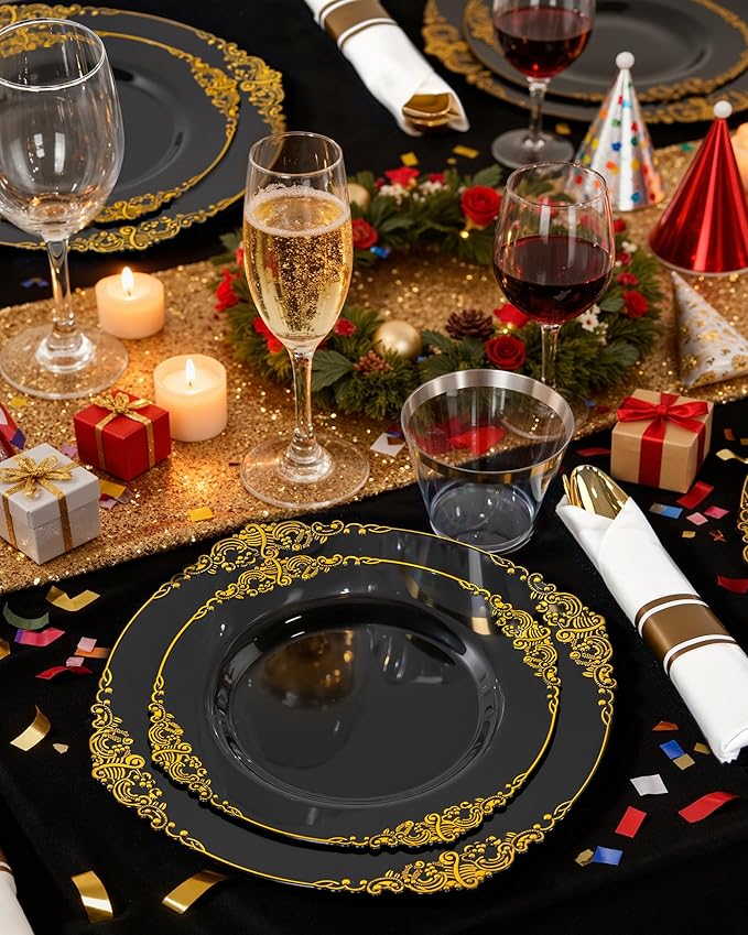 Nervure 350PCS Black Plastic Plates - Black Plastic Dinnerware Sets for 50 Guests - 100 Disposable Plates, 150 Gold Silverware, 50 Cups, 50 Napkins for Wedding & Party & Halloween