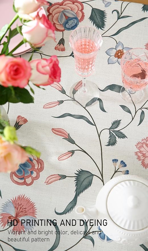 ISAENNE Designer Chinoiserie Linen Floral Small Rectangular Tablecloth,White Wrinkle Resistant Table Cloth,Elegant Decor Tablecloths for Dining Thanksgiving Kitchen Party,55"*71"-Daffy