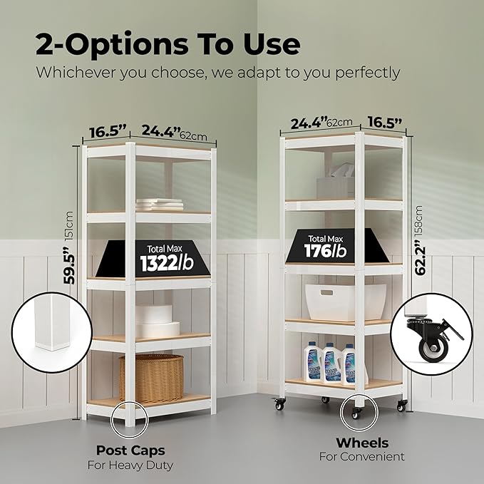 HOMEDANT House White 5-Tier Metal Rolling Cart Shelf Rack Casters Heavy Duty Wheel Shelving Unit Adjustable Utility Storage Shelves Organizer Shelf Kitchen Garage 24.4" W x 16.5" D x 62.2" H 3Pack