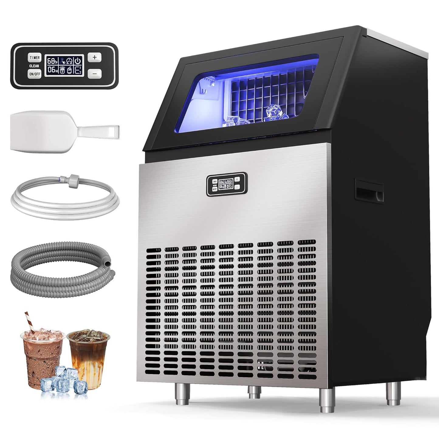 Real Relax Commercial Ice Machine, 270LBS/24H ETL Approval Under Counter Ice Maker Machine, 48LBS Ice Storage Capacity, Auto Self-Cleaning, LCD Display, with Ice Scoop for Party Bars