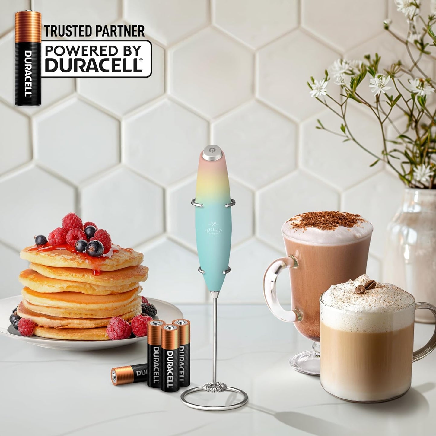 Zulay Kitchen Powerful Milk Frother Wand With 4 AA Duracell Batteries - Ultra Fast Handheld Drink Mixer - Electric Whisk Foam Maker for Coffee, Lattes, Cappuccino, Matcha & Creamer -
