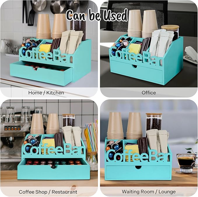 Coffee Bar Organizer for Countertop – Wooden Coffee Station, Tea and K Cup, Condiment Storage Rack, Coffee Pod Holder for Home and Office Counter Organization (Drawer - Turquoise)
