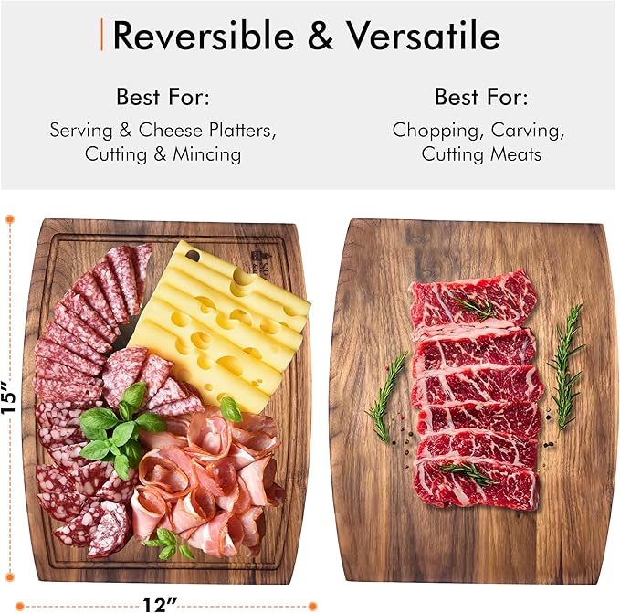 Spartali & Company Black Walnut Cutting Board Set for Kitchen, Reversible Wooden Chopping Board With Juice Grooves, Made from American Black Walnut, set of 2 sizes 12x9 & 15x12. Gift Box included!