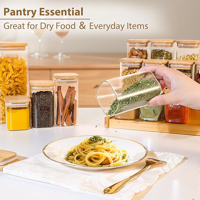 TBWIND 12 Pack 8 oz Square Glass Spice Jars with Lids and Labels – Airtight Small Spice Containers Set, Clear Glass Storage Jars for Seasoning, Spices, Kitchen Pantry Organization