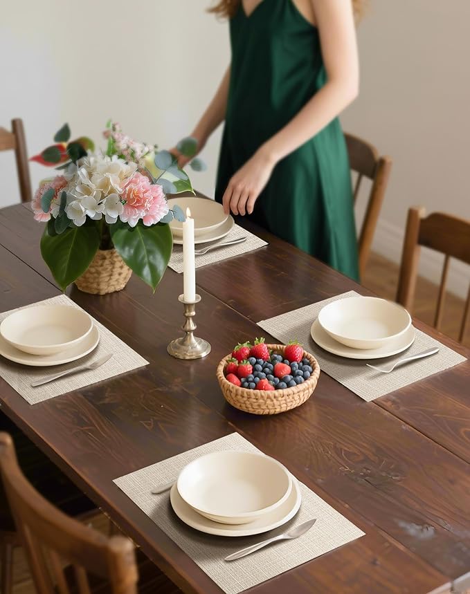Leetaltree Beige Placemats Set of 12 - Heat Resistant Non-Slip Place mats for Dining Table, Washable Durable PVC Vinyl Woven Table Mats(Beige, 12)