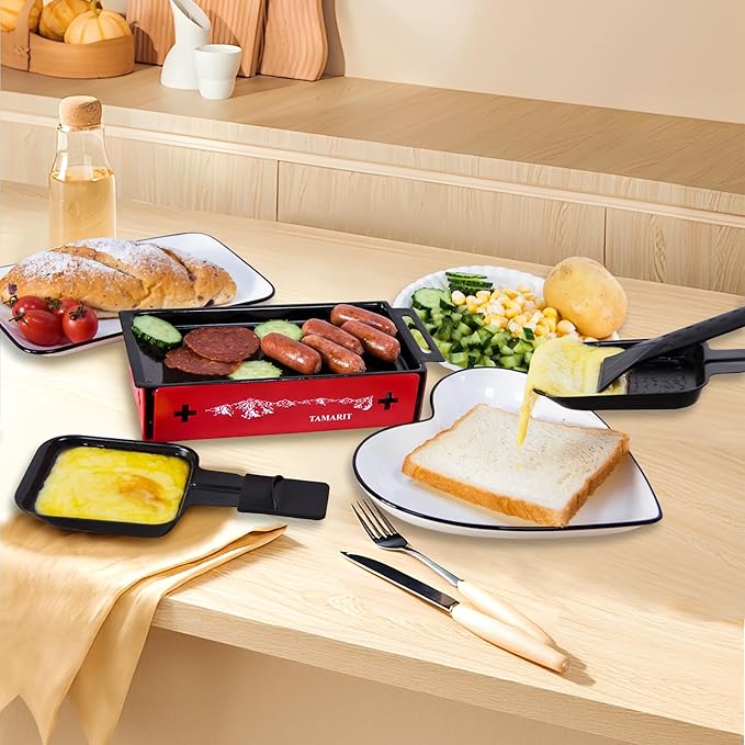 TAMARIT 2-Person Raclette Grill - Portable Candlelight Raclette Cheese Melter with Enamel Baking Tray & Non-Stick Pans - Compact Raclette Machine for Romantic Dinner, Picnic, BBQ, Camping, Red